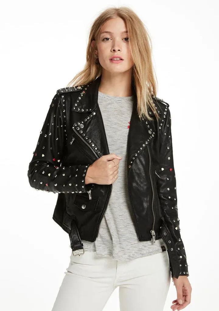 Women's Belted Studded Biker Leather Jacket In Black