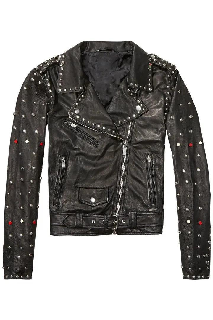 Women's Belted Studded Biker Leather Jacket In Black