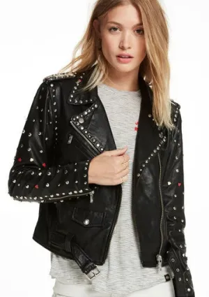 Women's Belted Studded Biker Leather Jacket In Black