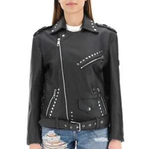 Women's Belted Studded Leather Jacket In Black