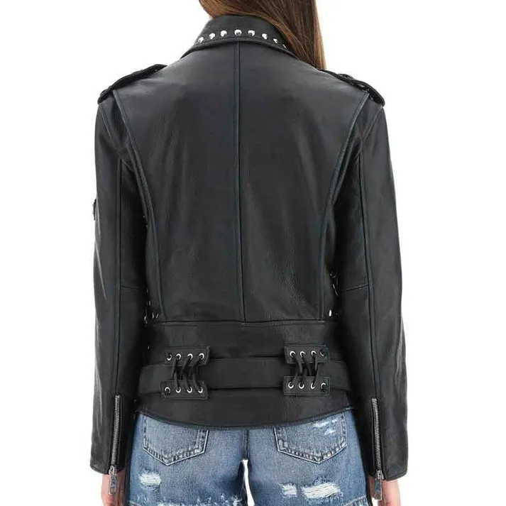 Women's Belted Studded Leather Jacket In Black