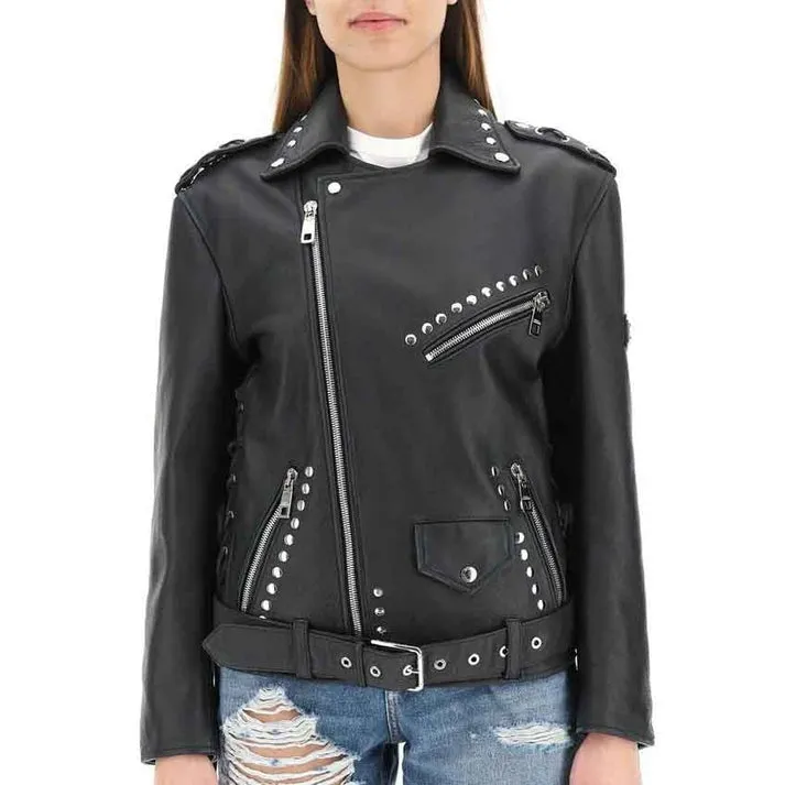 Women's Belted Studded Leather Jacket In Black