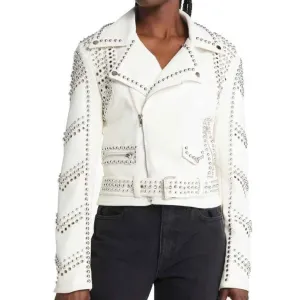 Women's Belted Studded Motorcycle Leather Jacket In White