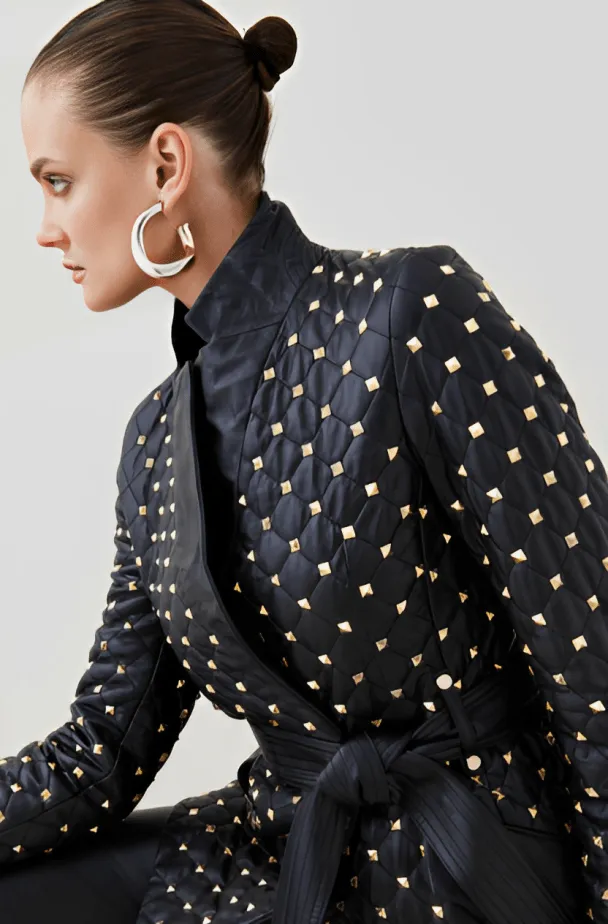 Women's Black Leather Blazer with Gold Studded Accents - Elegant and Edgy