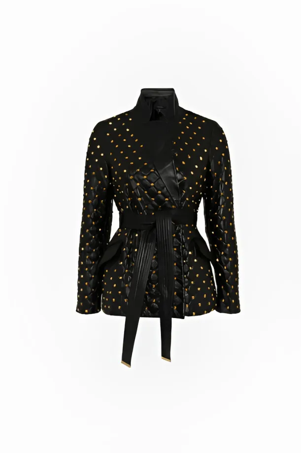 Women's Black Leather Blazer with Gold Studded Accents - Elegant and Edgy