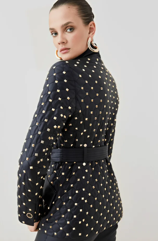 Women's Black Leather Blazer with Gold Studded Accents - Elegant and Edgy