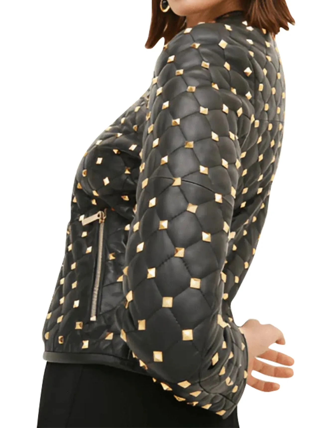 Women's Black Quilted Leather Jacket with Gold Studded Accents