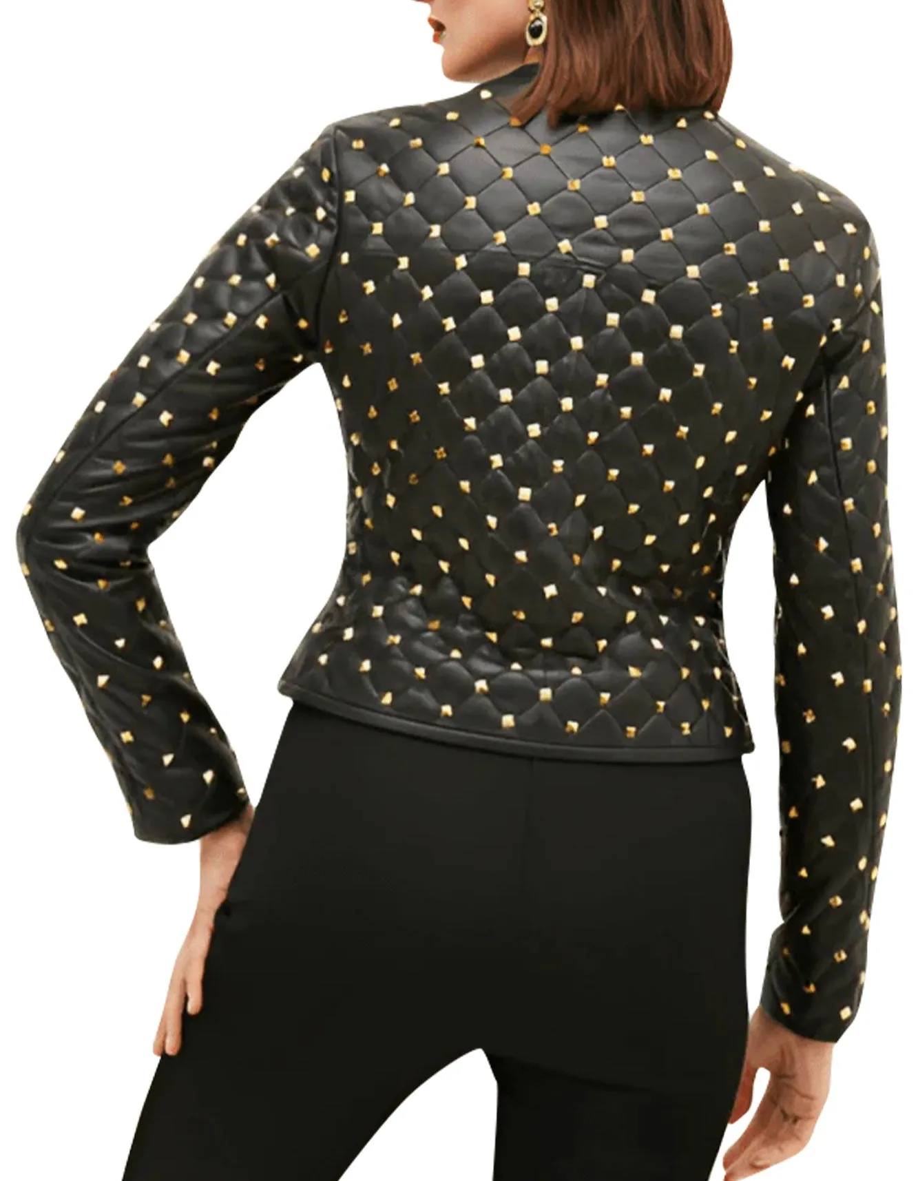 Women's Black Quilted Leather Jacket with Gold Studded Accents