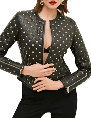 Women's Black Quilted Leather Jacket with Gold Studded Accents