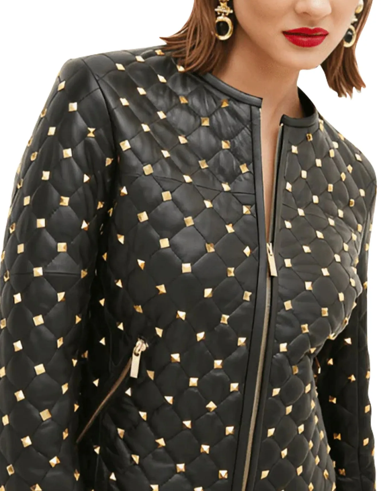 Women's Black Quilted Leather Jacket with Gold Studded Accents