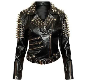 Women's Black Spiked Studded Brando Style Leather Jacket