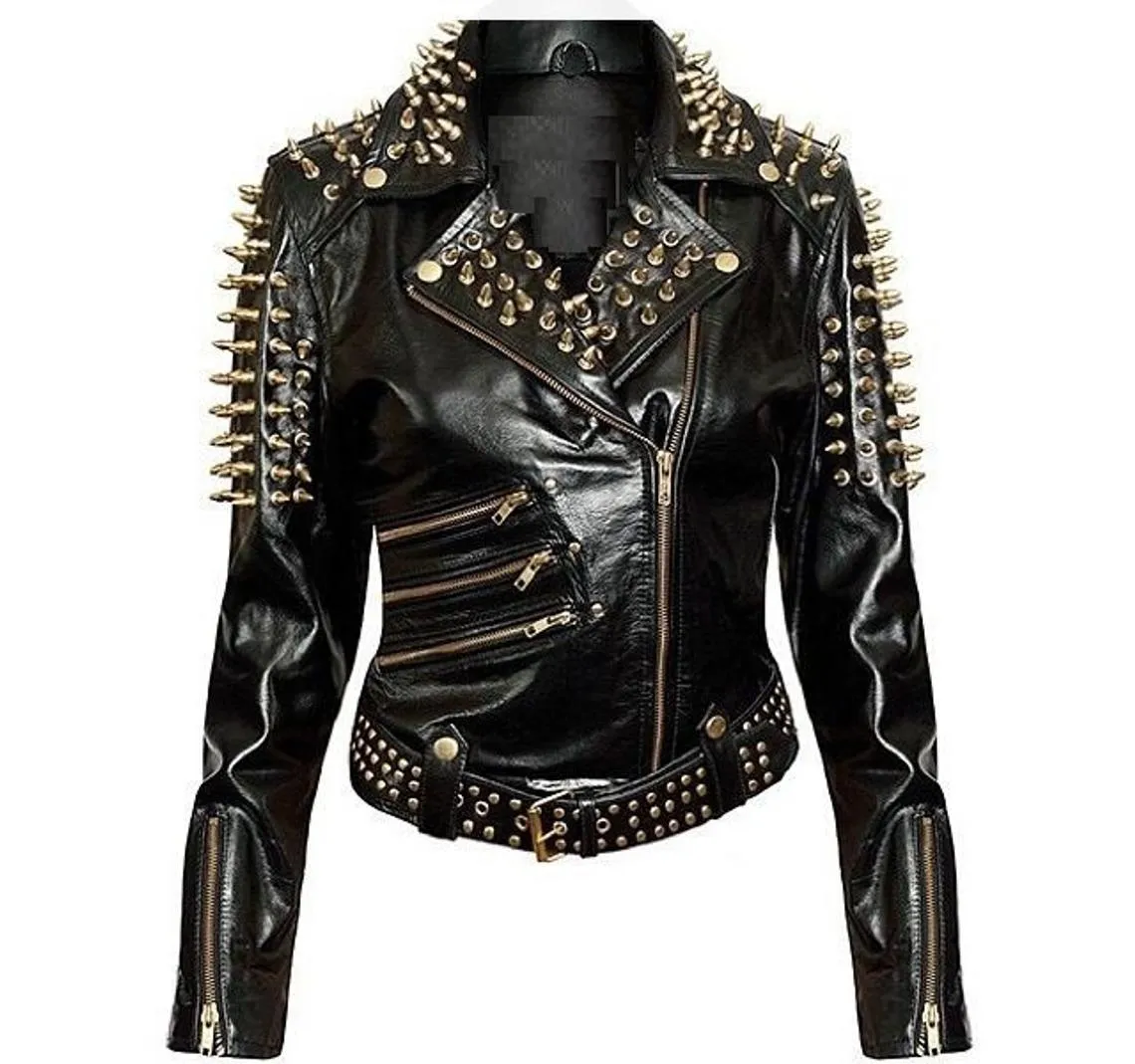 Women's Black Spiked Studded Brando Style Leather Jacket