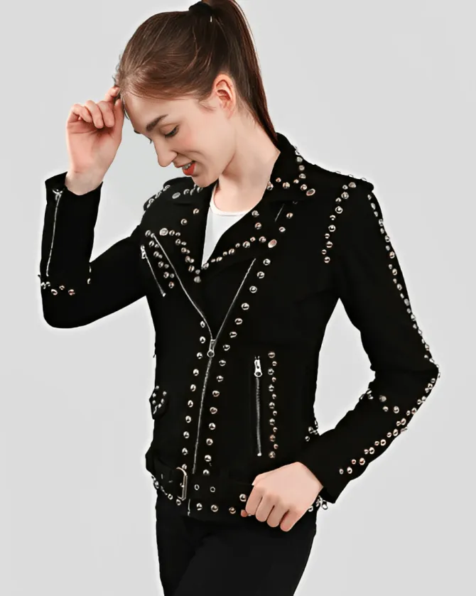 Women's Black Studded Suede Leather Biker Jacket