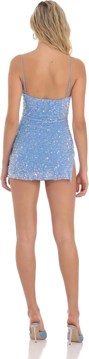 Women's Blue Iridescent Sequin Velvet Bodycon Cocktail Party Mini Dress: Tight Fit, V-Neck with Side Slit