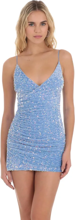 Women's Blue Iridescent Sequin Velvet Bodycon Cocktail Party Mini Dress: Tight Fit, V-Neck with Side Slit