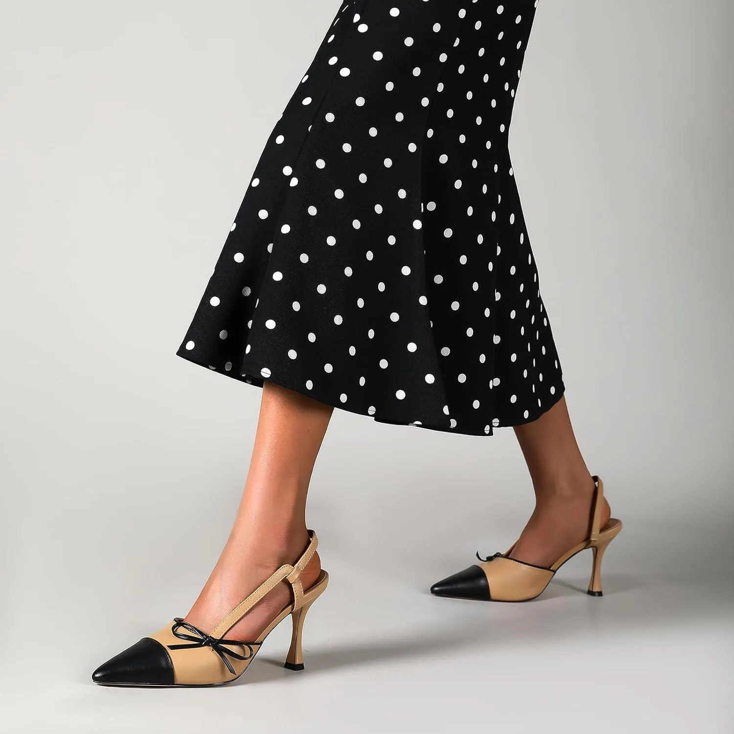 Women's Bow Tie Slingback Pumps Patchwork Stiletto Heels Pointed Toe Two-Tone Dress Party 3.35 Inch Heeled Sandals