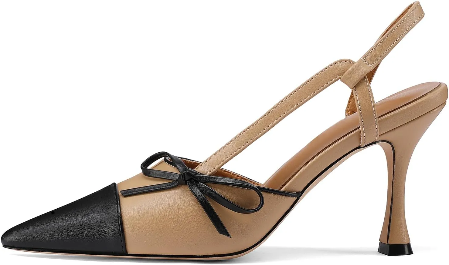 Women's Bow Tie Slingback Pumps Patchwork Stiletto Heels Pointed Toe Two-Tone Dress Party 3.35 Inch Heeled Sandals