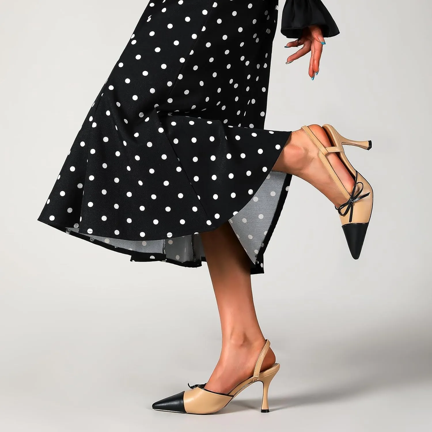 Women's Bow Tie Slingback Pumps Patchwork Stiletto Heels Pointed Toe Two-Tone Dress Party 3.35 Inch Heeled Sandals