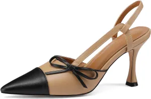 Women's Bow Tie Slingback Pumps Patchwork Stiletto Heels Pointed Toe Two-Tone Dress Party 3.35 Inch Heeled Sandals