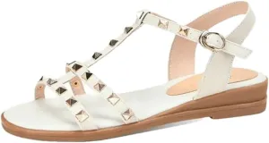 Womens Buckle Strap Back Strap Flat Heel Open Side Vamp Fisherman Sandals Cow Leather Studded Rivets Casual Summer Sandals