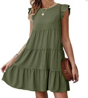 Womens Casual Short Sleeve Beach Dress Tiered Simple Solid Color Sundresses Flowy Loose Summer Dress