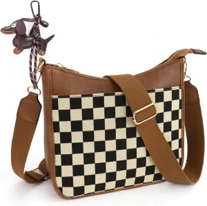Women's Checkered Crossbody Bag – Quilted Seam Trendy Vegan Leather Shoulder Bag with Embroidered Strap