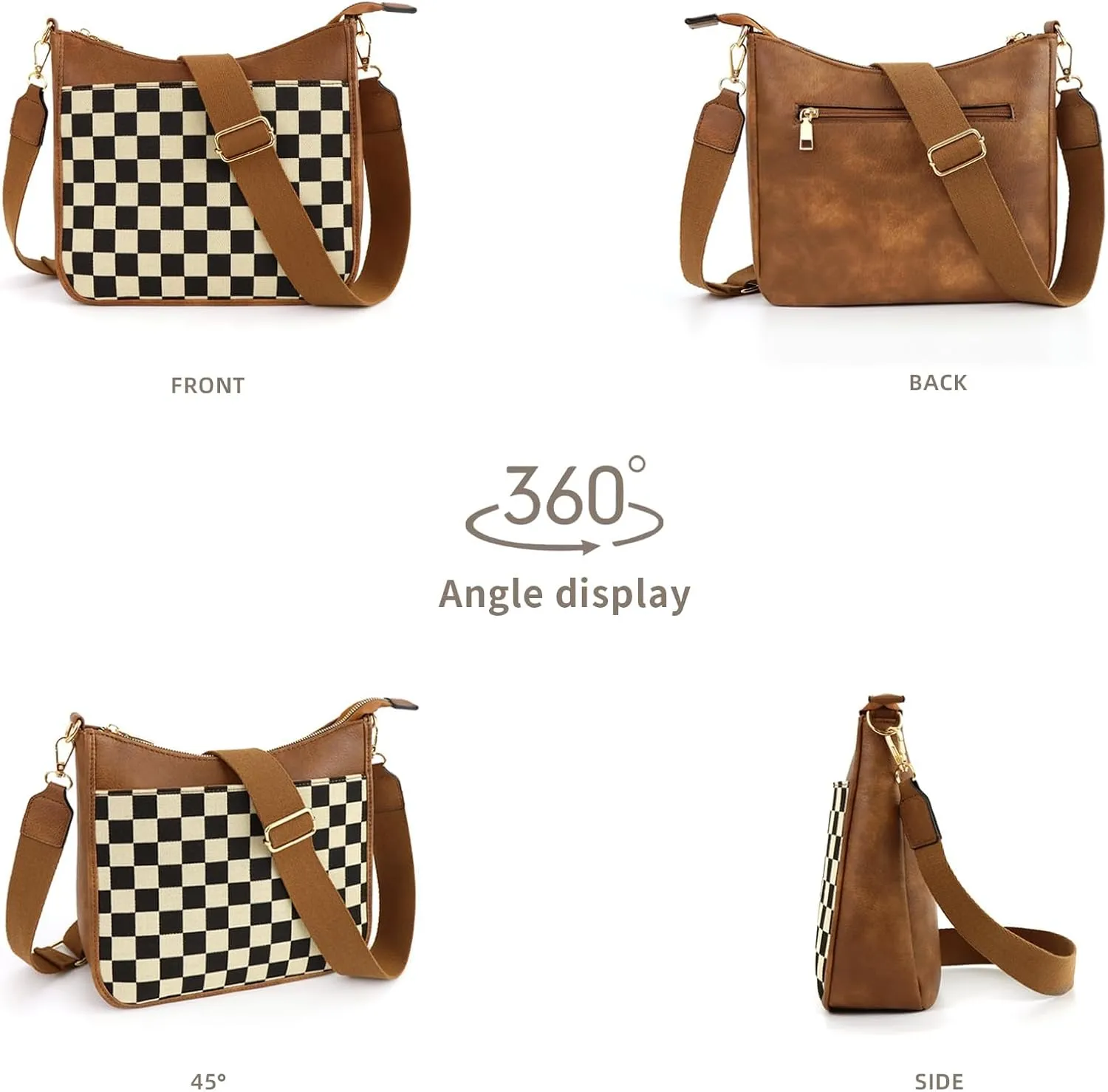 Women's Checkered Crossbody Bag – Quilted Seam Trendy Vegan Leather Shoulder Bag with Embroidered Strap