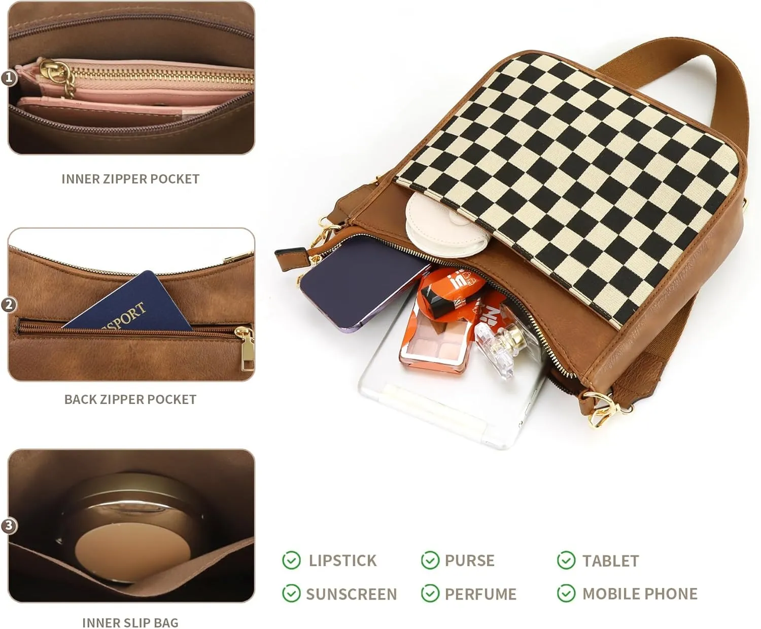 Women's Checkered Crossbody Bag – Quilted Seam Trendy Vegan Leather Shoulder Bag with Embroidered Strap
