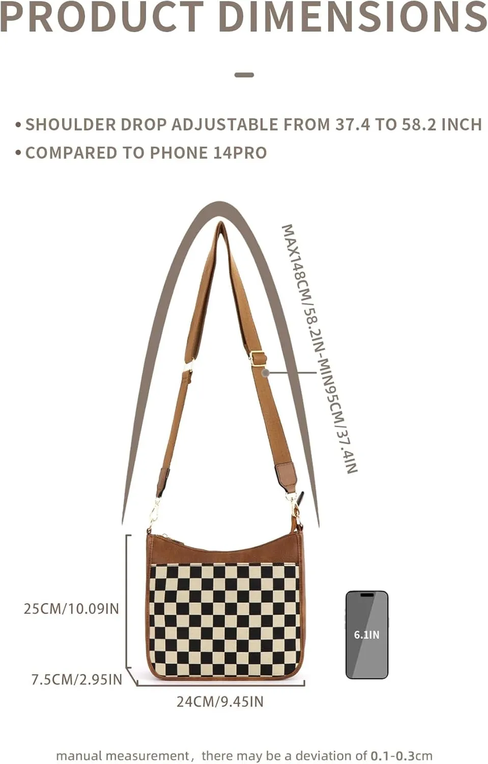 Women's Checkered Crossbody Bag – Quilted Seam Trendy Vegan Leather Shoulder Bag with Embroidered Strap