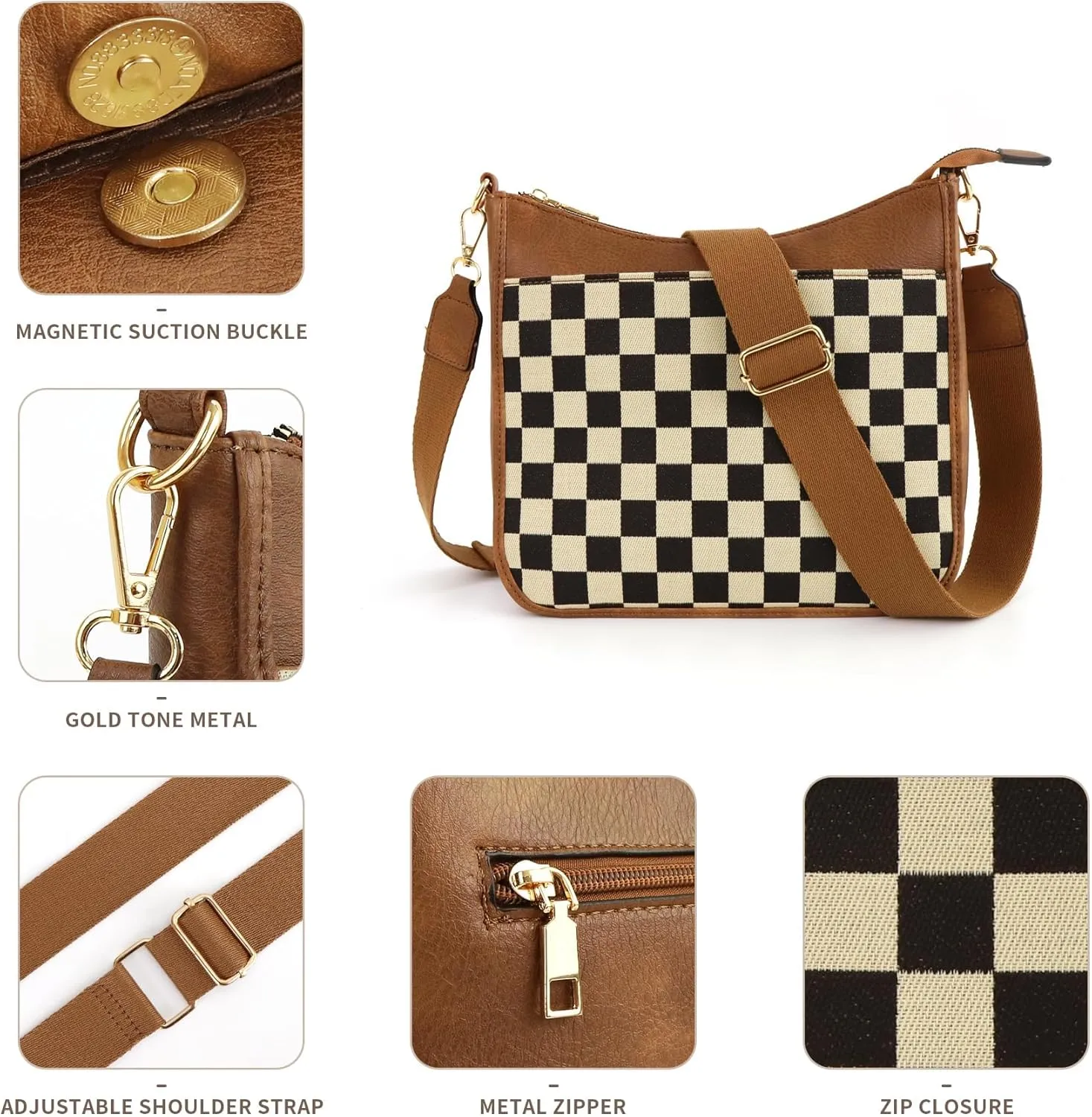 Women's Checkered Crossbody Bag – Quilted Seam Trendy Vegan Leather Shoulder Bag with Embroidered Strap