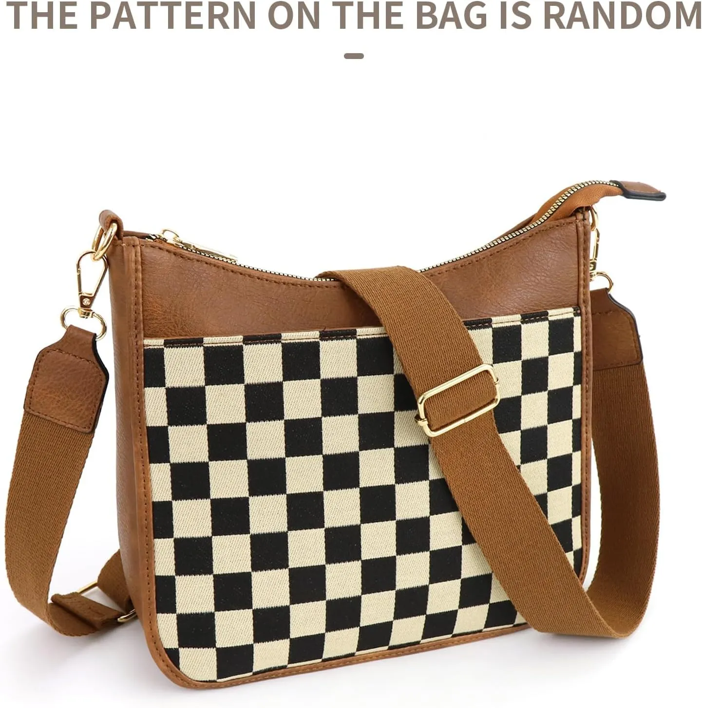 Women's Checkered Crossbody Bag – Quilted Seam Trendy Vegan Leather Shoulder Bag with Embroidered Strap