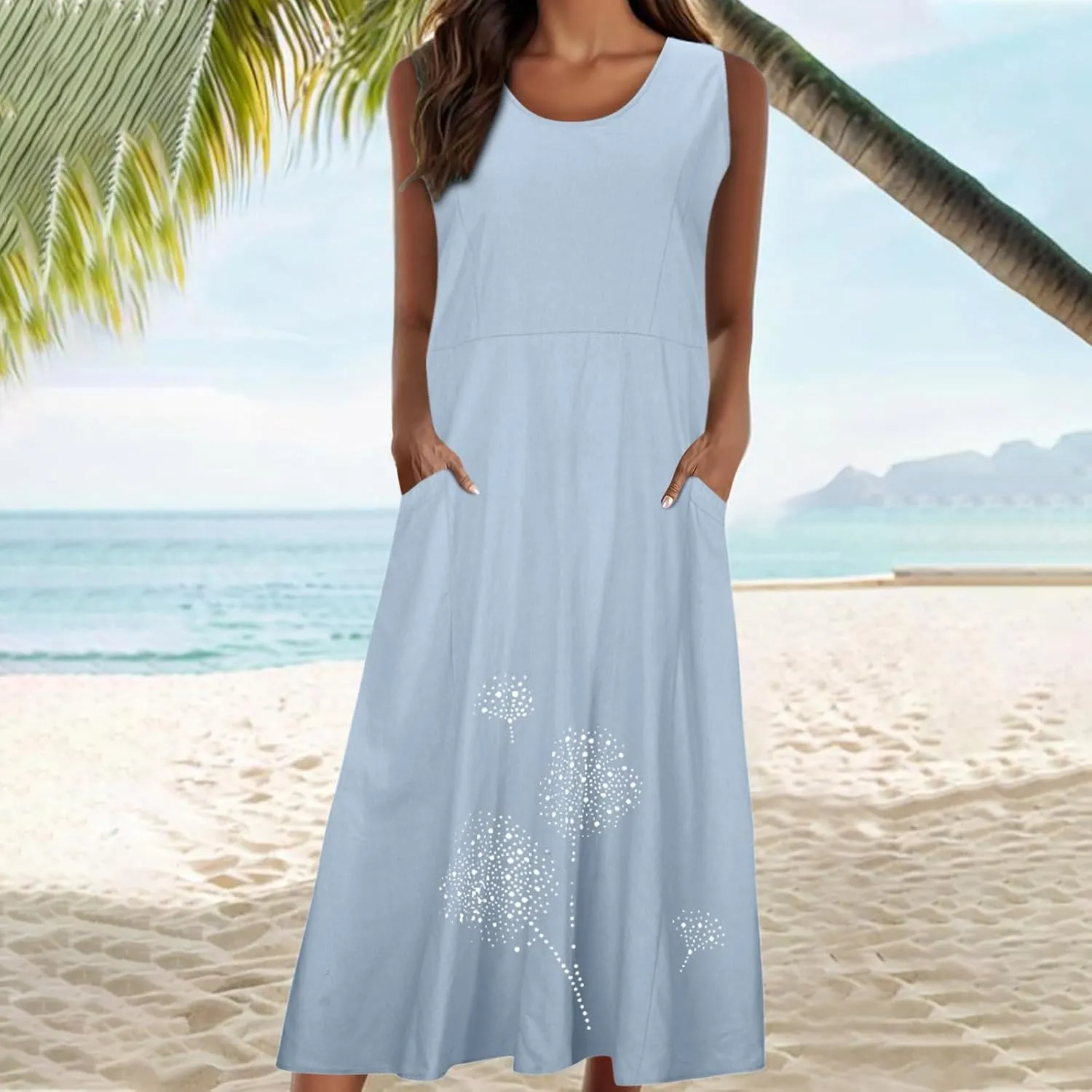 Womens Cotton Linen Summer Dresses Cute Flower Graphic Print Sundress Casual Sleeveless Loose Midi Dresse