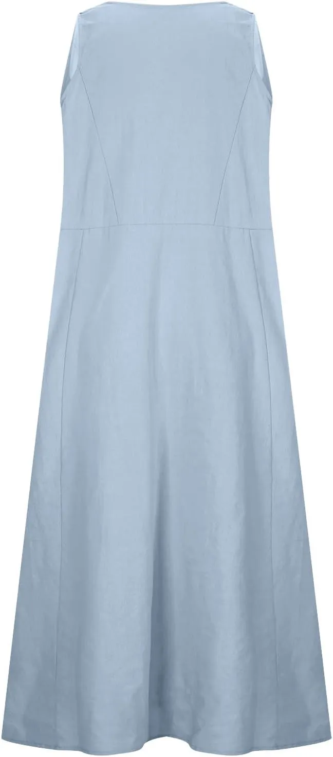 Womens Cotton Linen Summer Dresses Cute Flower Graphic Print Sundress Casual Sleeveless Loose Midi Dresse