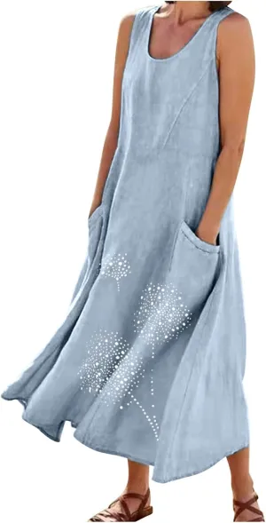 Womens Cotton Linen Summer Dresses Cute Flower Graphic Print Sundress Casual Sleeveless Loose Midi Dresse