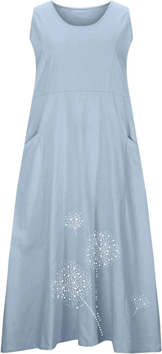 Womens Cotton Linen Summer Dresses Cute Flower Graphic Print Sundress Casual Sleeveless Loose Midi Dresse