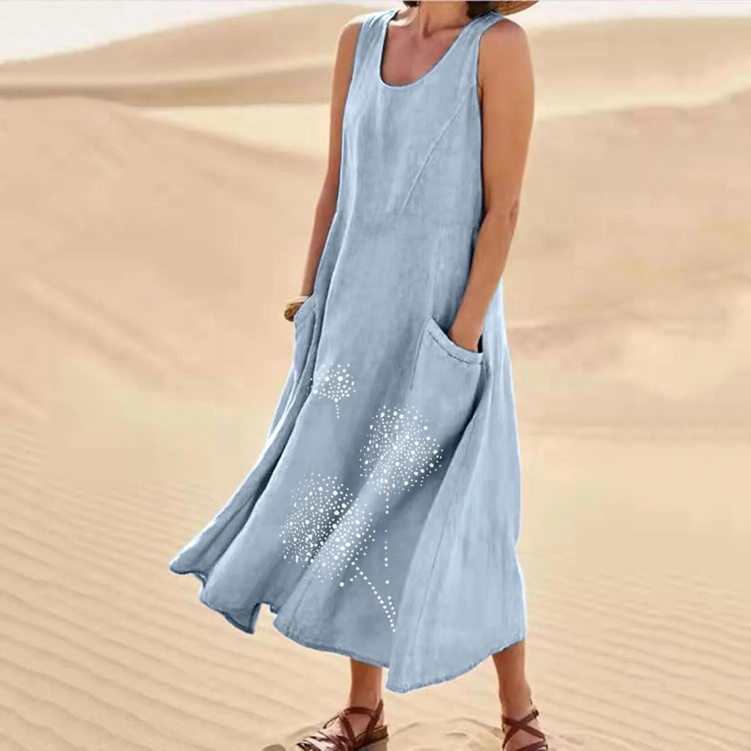 Womens Cotton Linen Summer Dresses Cute Flower Graphic Print Sundress Casual Sleeveless Loose Midi Dresse
