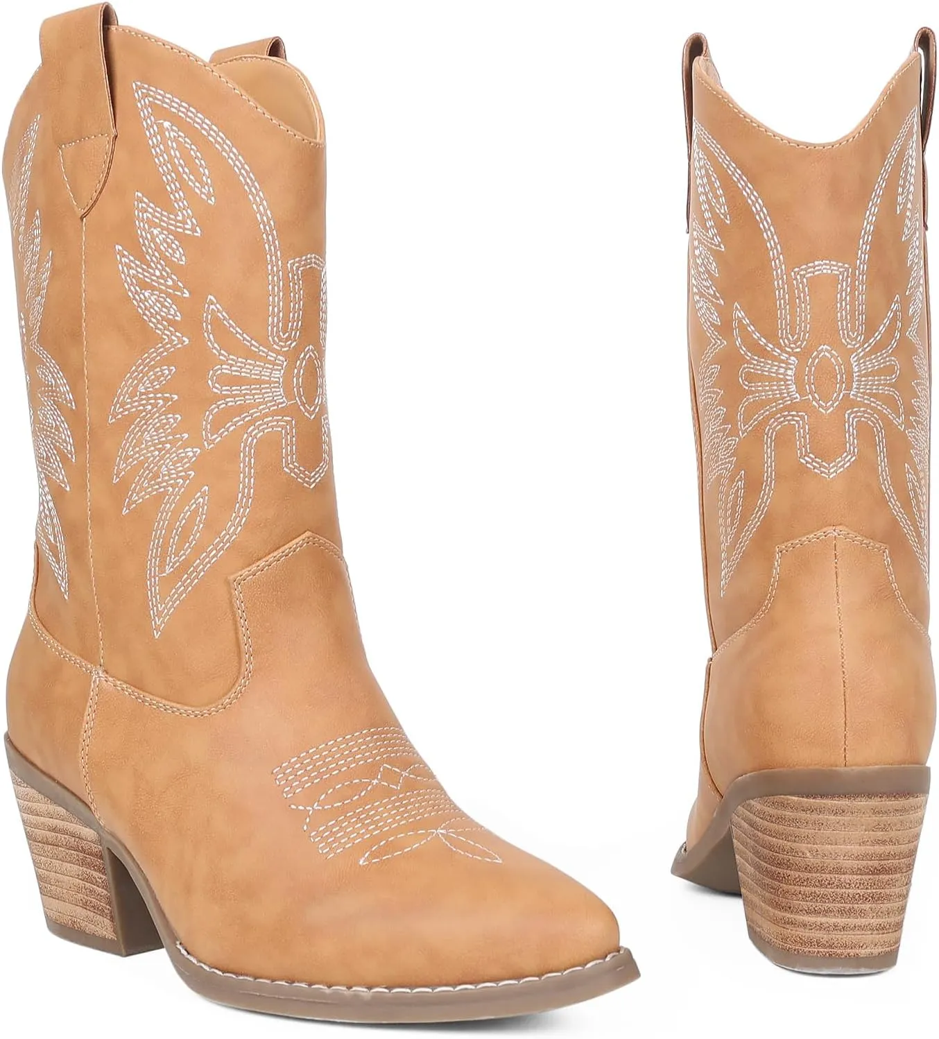 Womens Cowboy Boots Embroidered Western Cowgirl Mid Calf Boots with Block Chunky Heel Comfortable Retro Pull On Pointed Toe Wide Calf Long Tall