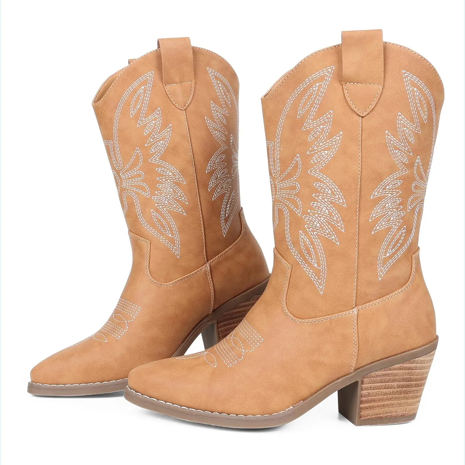 Womens Cowboy Boots Embroidered Western Cowgirl Mid Calf Boots with Block Chunky Heel Comfortable Retro Pull On Pointed Toe Wide Calf Long Tall