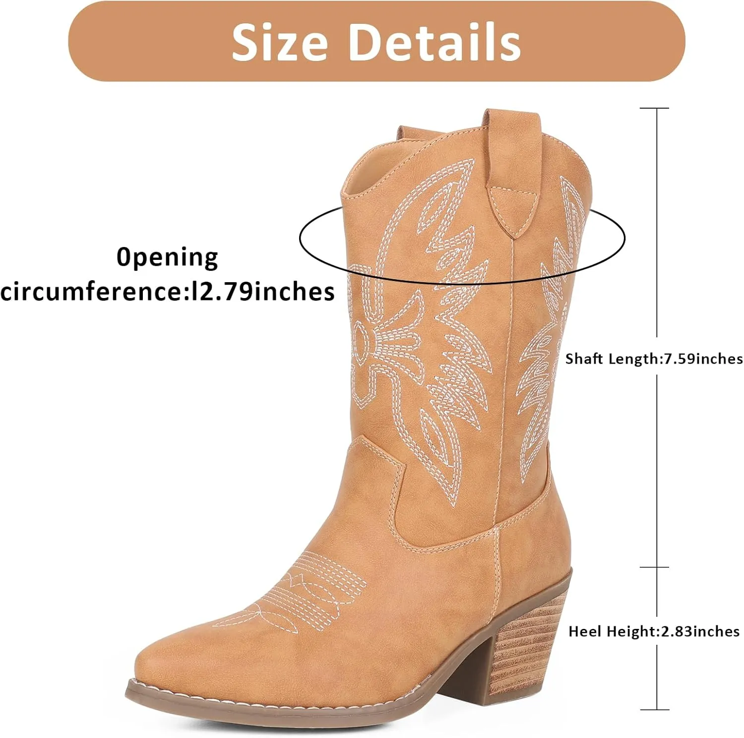Womens Cowboy Boots Embroidered Western Cowgirl Mid Calf Boots with Block Chunky Heel Comfortable Retro Pull On Pointed Toe Wide Calf Long Tall
