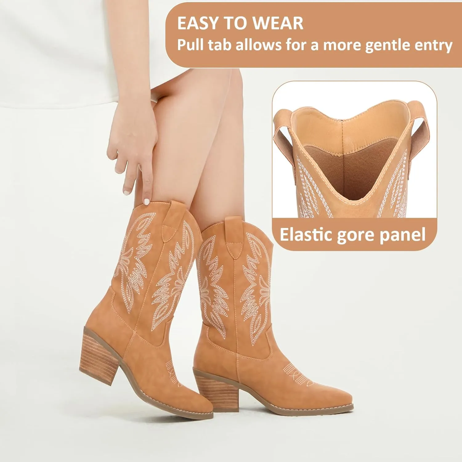 Womens Cowboy Boots Embroidered Western Cowgirl Mid Calf Boots with Block Chunky Heel Comfortable Retro Pull On Pointed Toe Wide Calf Long Tall