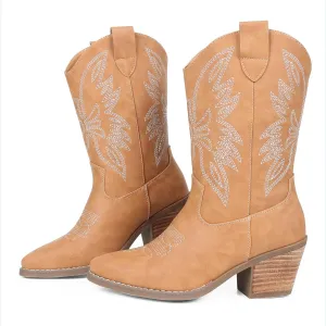 Womens Cowboy Boots Embroidered Western Cowgirl Mid Calf Boots with Block Chunky Heel Comfortable Retro Pull On Pointed Toe Wide Calf Long Tall