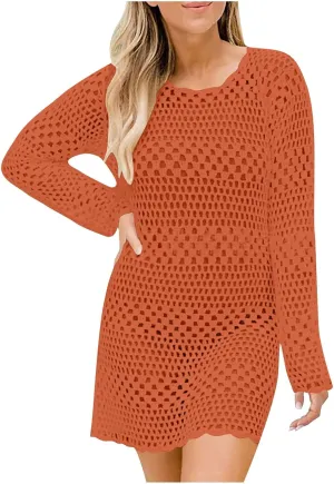 Womens Crochet Knit Swimsuit Cover Up 2025 Summer Lantern Long Sleeve See Through Hollow Out Beach Vacation Mini Dress