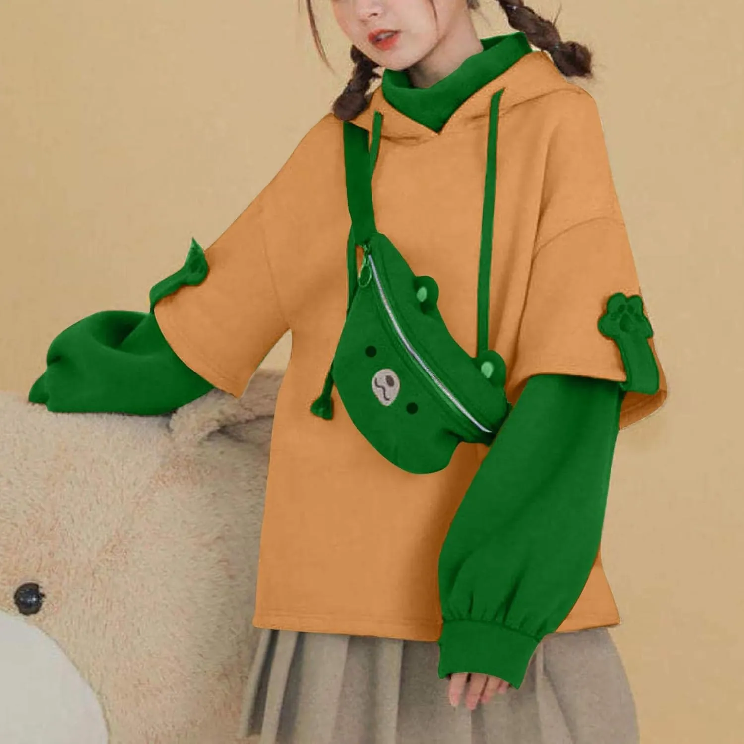 Women's Cute Hoodie for Teen Girl Brown Bear Tops Sweatshirt Splicing Hooded Shirt Personality Bag Hoodies