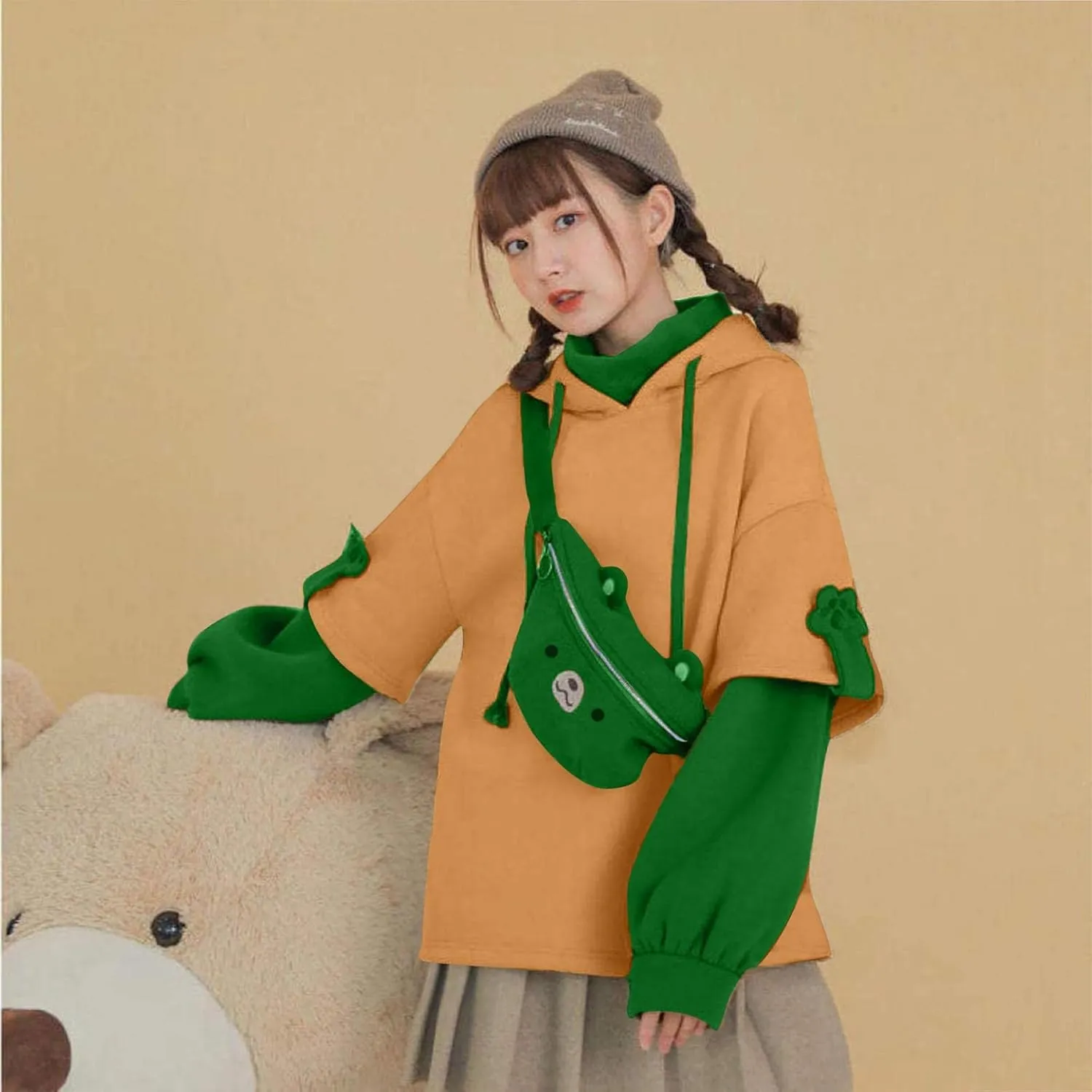 Women's Cute Hoodie for Teen Girl Brown Bear Tops Sweatshirt Splicing Hooded Shirt Personality Bag Hoodies