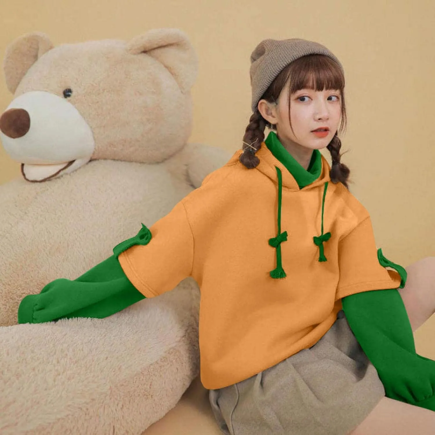 Women's Cute Hoodie for Teen Girl Brown Bear Tops Sweatshirt Splicing Hooded Shirt Personality Bag Hoodies