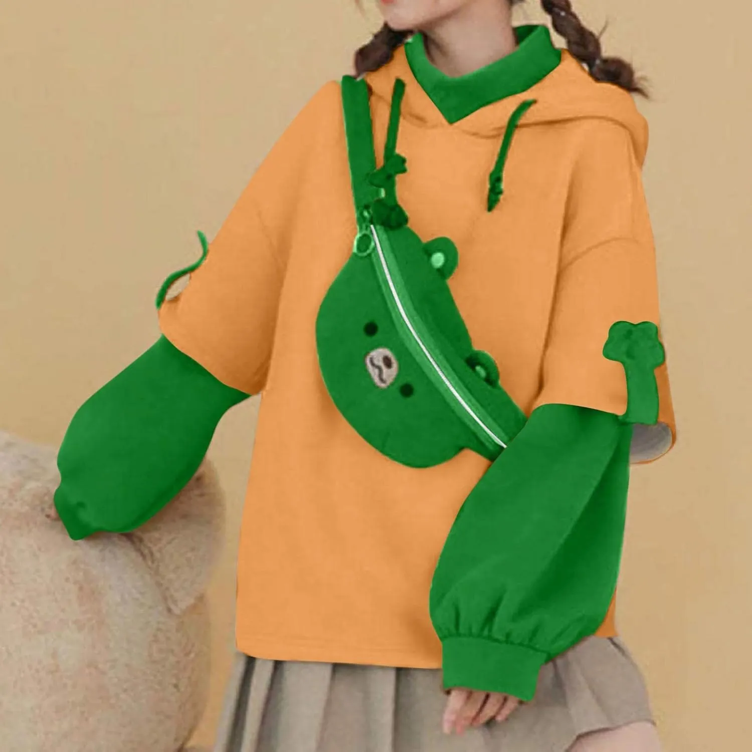 Women's Cute Hoodie for Teen Girl Brown Bear Tops Sweatshirt Splicing Hooded Shirt Personality Bag Hoodies
