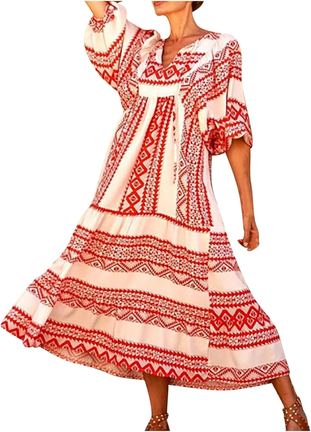 Women's Elbow Sleeve Loose Sundress Cute Flower Graphic Print Maxi Dress Casual Trendy Summer Dresses