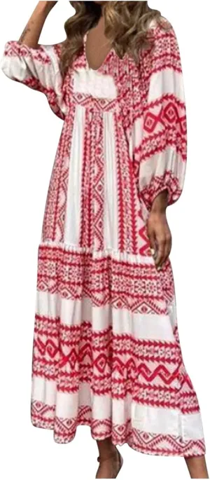 Women's Elbow Sleeve Loose Sundress Cute Flower Graphic Print Maxi Dress Casual Trendy Summer Dresses