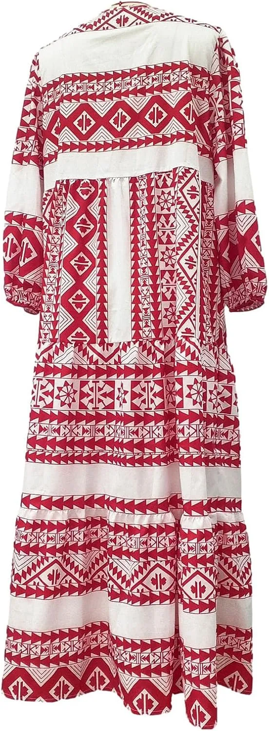 Women's Elbow Sleeve Loose Sundress Cute Flower Graphic Print Maxi Dress Casual Trendy Summer Dresses