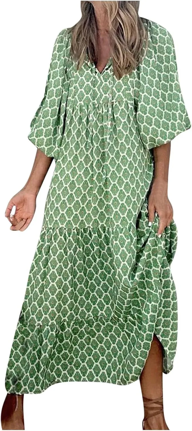 Women's Elbow Sleeve Trendy Summer Dresses Boho Floral Print Midi Dresses Flowy Loose Casual Beach Dress
